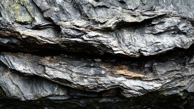 Natural weathered grey stone cliff face featuring rough sedimentary layers and jagged rock textures that display organic patterns formed over millions of years by intense environmental erosion
