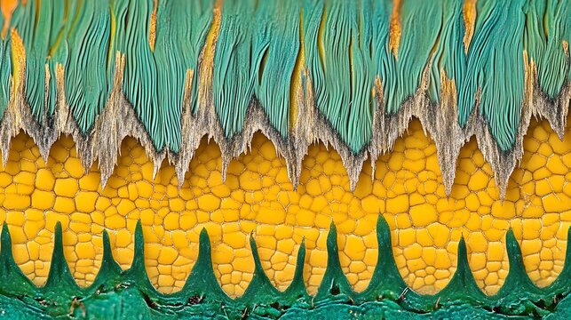 Abstract oil painting featuring thick impasto brushwork with vibrant yellow textured patterns contrasting against flowing teal layers that create a dynamic organic rhythm across the canvas