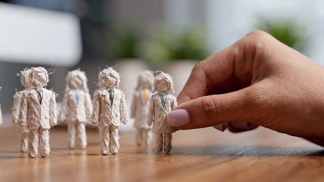Hand selecting a small paper figure from a group of business people
