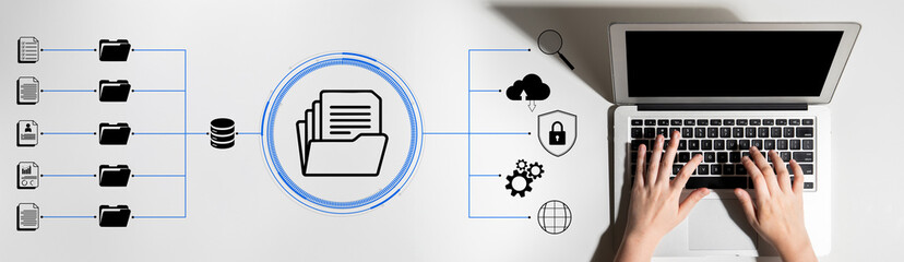 Fototapeta premium Concept of Data Management and Storage Solutions with Laptop, Cloud Computing, and Security Icons for Modern Digital Environments. Glyphic.