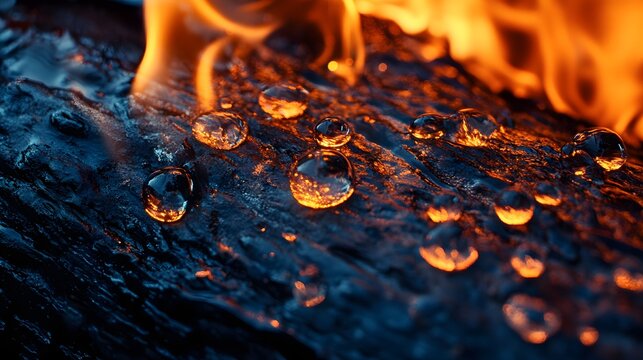 Natural water droplets resting upon a glowing charred wooden surface during a intense forest blaze providing a dramatic visual contrast between the liquid elements and the orange flames dancing