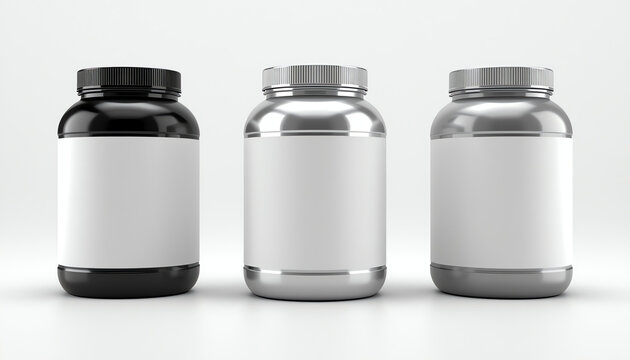 Can of protein or gainer powder with blank label isolated on white background. 3d rendering