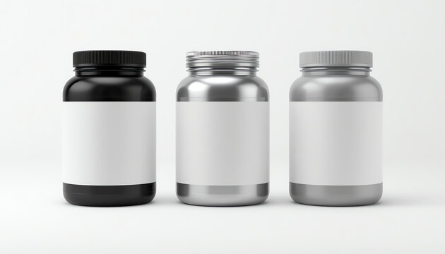 Can of protein or gainer powder with blank label isolated on white background. 3d rendering