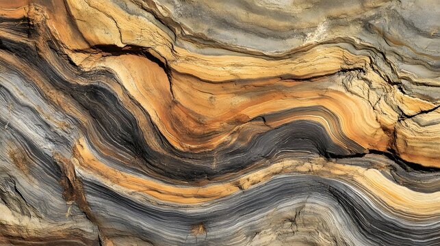 Natural weathered wood grain patterns display organic textures featuring flowing amber and charcoal swirls created by geological erosion processes found deep within ancient mountain forest tree