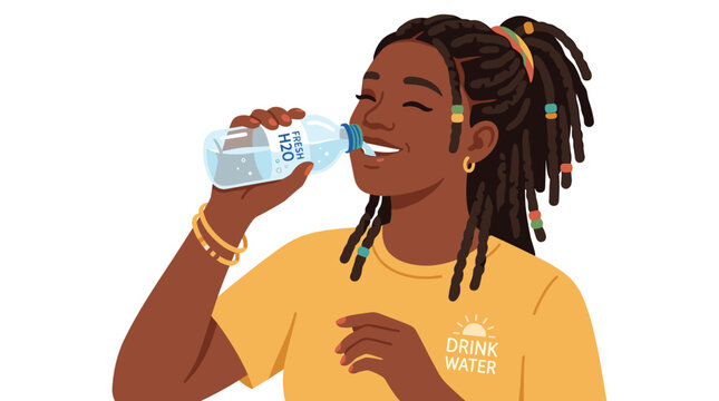 Hydration Break: A young woman with dreadlocks and colorful beads sips refreshing water from a clear bottle, her eyes closed in satisfaction.