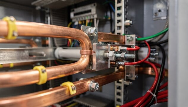 Telecom power cabinet upgrade showing closeup of DC busbars and secure grounding with foreground elements sharply defined and background diffused.