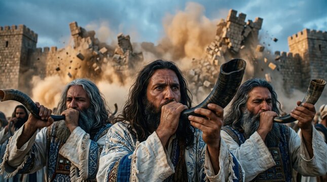 Priests blowing shofars as the walls of Jericho crumble. Biblical scene of the fall of Jericho. Ancient Hebrew men with ram horns