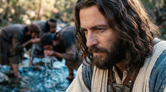 Gideon watching his men drink water from a stream. Biblical scene of Gideon selecting his three hundred soldiers from the Book of Judges