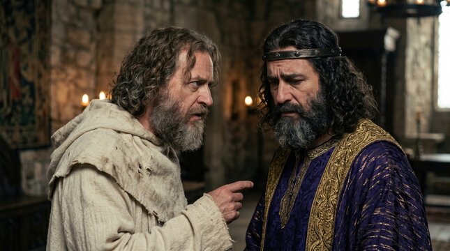 Prophet Nathan confronting King David with an accusing finger. Ancient biblical scene of judgment and truth. Royal palace interior confrontation