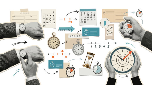 Vintage time management collage elements featuring clocks and hands set on a clean white background for creative planning projects with elements with elements