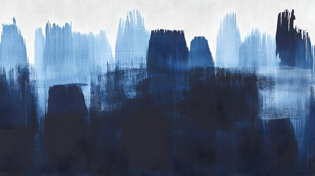 Deep indigo blue ink washes create vertical textured shapes reminiscent of a dense forest or mountain silhouettes in a sprawling landscape that evokes tranquility and artistic depth in every