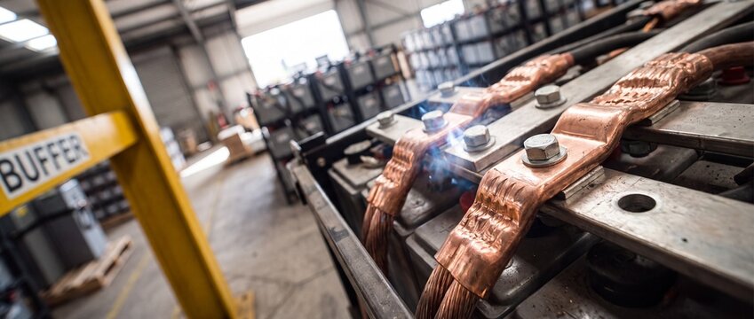 Industrial battery copper busbar connection in backup power room, featuring heavy duty electrical cable wiring, metal terminal bolts, and energy distribution systems inside a factory warehouse.