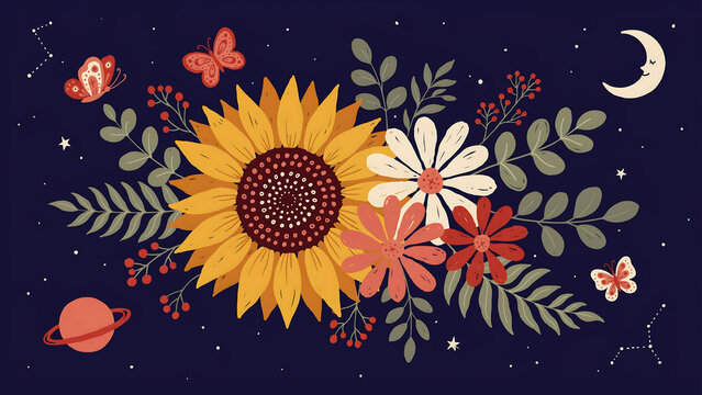 Boho sunflower and daisy floral arrangement with butterflies and moon isolated on a transparent background