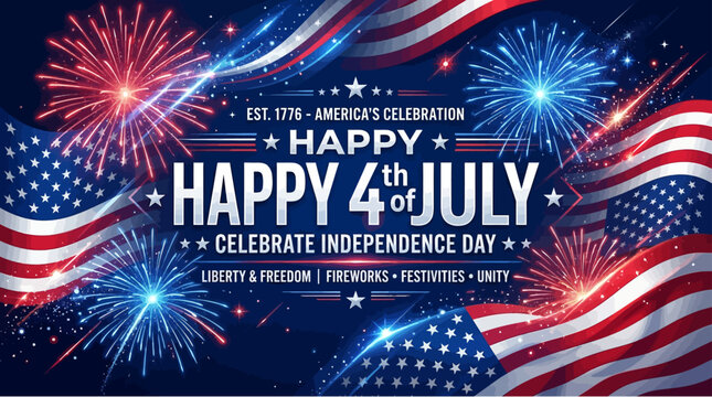 Festive fourth of july celebration vector banner with fireworks with displays patriotic holiday vector design featuring fireworks flag stripes independence illustration background typography blue