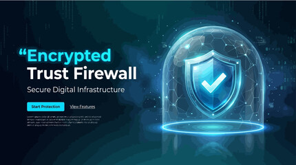 Cybersecurity concept featuring a glowing digital shield with a checkmark inside a futuristic data dome protecting a world map representing encrypted trust firewall with secure digital infrastructure © craftsby.ib