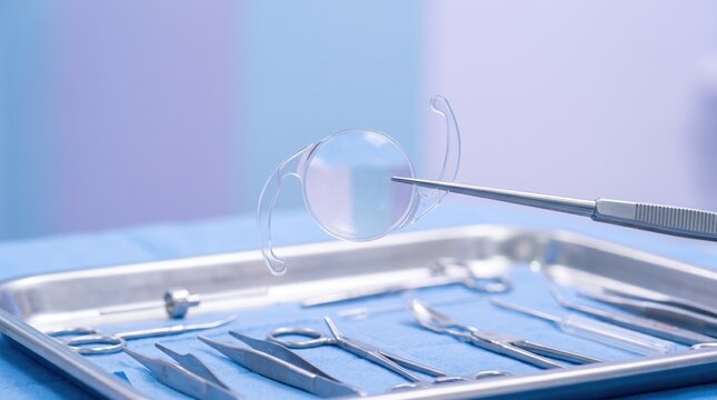 Intraocular lens implant held by surgical forceps. Ophthalmic instrument and clear lens for cataract surgery. Eye vision correction procedure concept