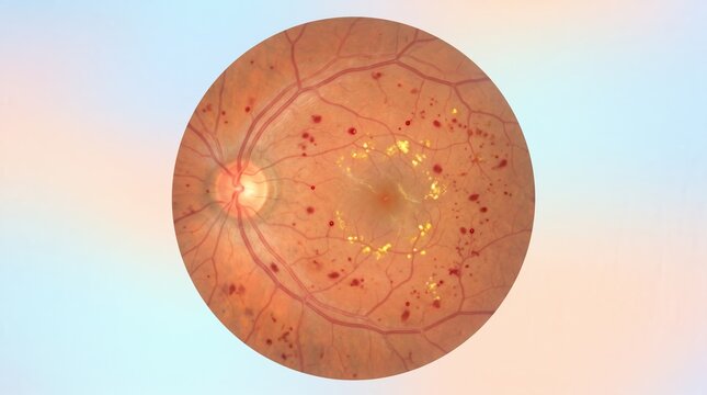 Fundus photograph of a retina with diabetic retinopathy. Clinical eye exam showing hemorrhages and exudates