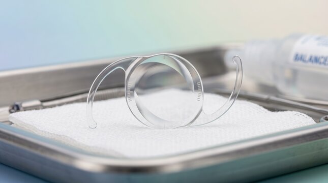 Toric intraocular lens for astigmatism correction on sterile gauze. Close up of ophthalmic IOL implant in surgical tray