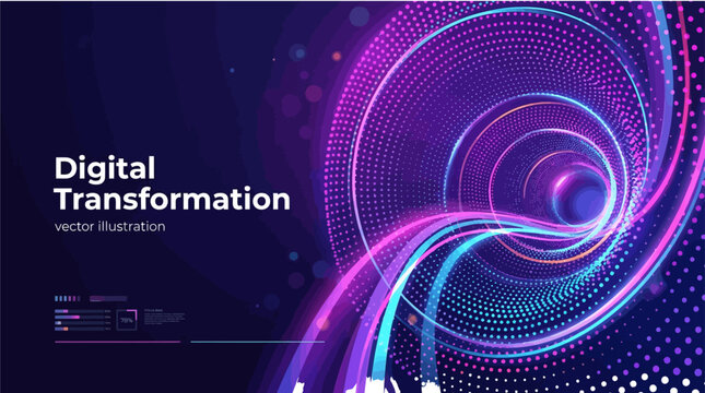 Abstract digital transformation background with glowing neon spiral vortex and data flow patterns for modern technology concepts and futuristic network connectivity visualizations in vibrant purple