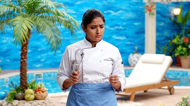 Confused Chef Woman Holding Whisk in Tropical Resort Setting
