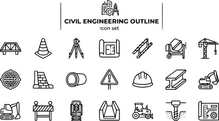 Fototapeta premium Civil Engineering and Infrastructure Outline Icon Set with Bridge Truss, Surveying Tripod, Blueprint Roll and Excavator, 20 Icons for Engineering Firms