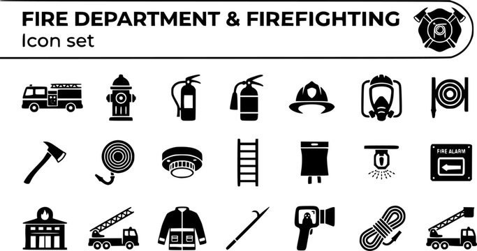 Fire Department and Firefighting Silhouette Icon Set with Fire Truck, SCBA Apparatus, Fire Hydrant and Ladder Truck, 20 Icons for Fire Safety Training