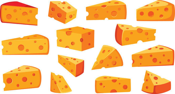 Cheese slices vector collection featuring yellow swiss maasdam cheddar block wedges with holes for dairy product branding grocery supermarket marketing and food menu designs.