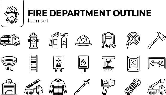 Fire Department and Firefighting Outline Icon Set with Fire Truck, SCBA Apparatus, Fire Hydrant and Ladder Truck, 20 Icons
