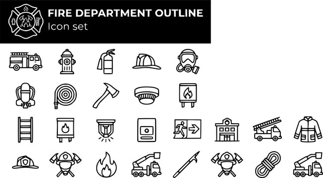 Fire Department and Firefighting Outline Icon Set with Fire Truck, SCBA Apparatus, Fire Hydrant and Ladder Truck, 20 Icons
