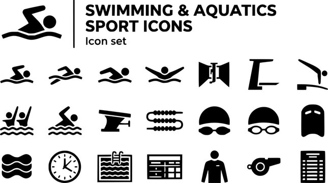 Swimming and Aquatics Sport Silhouette Icon Set with Freestyle Stroke, Butterfly, Platform Dive and Springboard, 20 Scenes for Swim Club and Aquatic Center Branding, Flat Vector