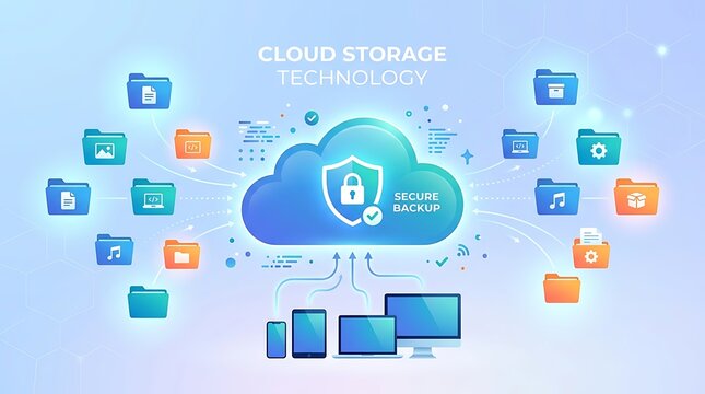 Secure cloud storage technology connecting various devices and digital files with a shield icon