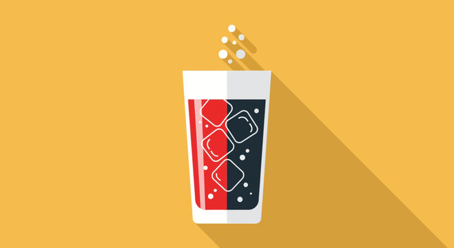 Flat design illustration of a fizzy cola glass with ice cubes