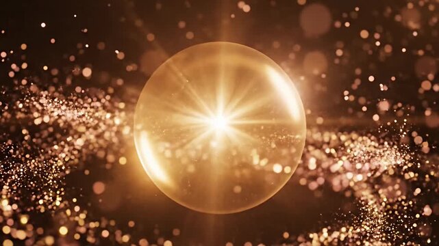 Golden light orb with glowing particles on dark background.
