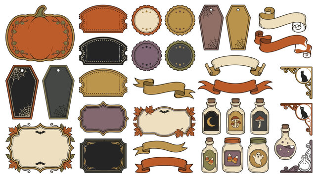 Vintage halloween decorative labels and festive elements collection for holiday crafting and seasonal party invitation design projects with potion bottles muted autumn color palette festive ribbons