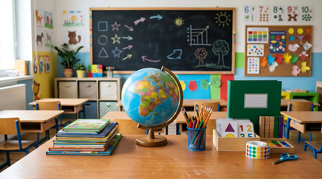 Classroom interior featuring a desk with a globe, stack of books, stationery, and a blackboard with chalk of shapes and graphs