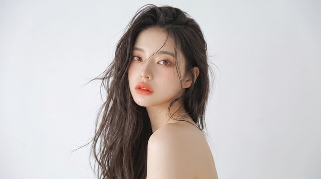 Close-up portrait of a beautiful young Asian woman with long dark wavy hair and bare shoulders against a white background.