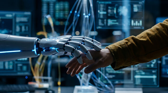 Robotic hand reaching out to touch a human hand in a tech laboratory environment with blurred digital data screens and glowing fiber optics