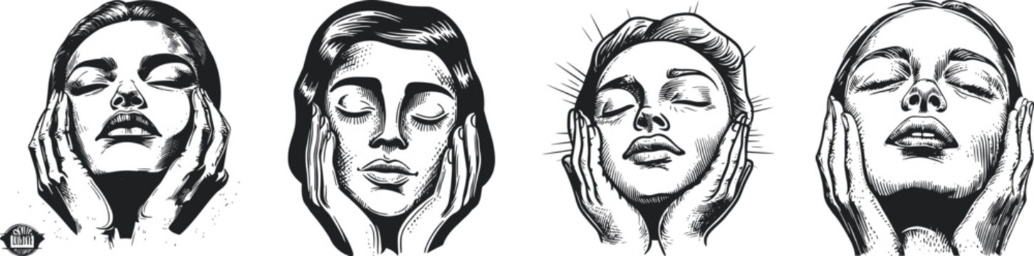 A collection of four artistic black-and-white portraits showcasing a woman with eyes closed and hands gently touching her face, highlighting serenity, beauty, and emotion.