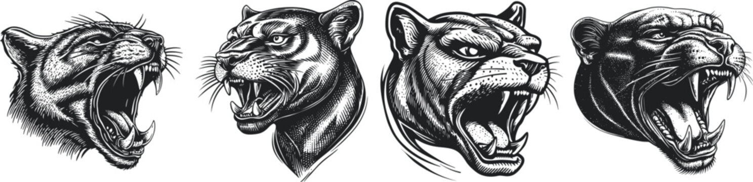 A detailed artistic rendering of four different wild animal heads, showcasing fierce expressions with open mouths, sharp teeth, and intense gazes in black and white sketch style.