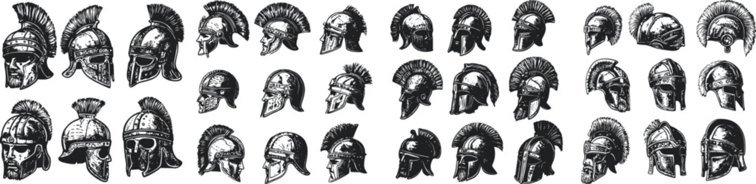 A detailed collection of black and white illustrations depicting ancient Greek gladiator helmets, showcasing historical warrior headgear and armor designs.