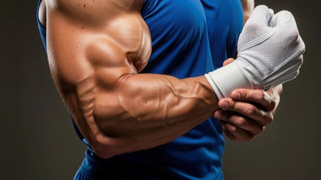 Muscle Power Display: A close-up shot showcases the intensely sculpted bicep and forearm of a muscular athlete, highlighting veins and muscle definition, symbolizing strength and dedication.