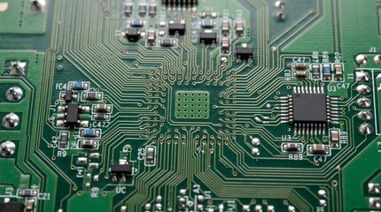 Fototapeta premium Detailed Micro Electronic Circuit Board PCB Green Background