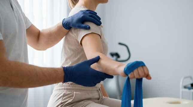 Physical therapy session; therapist assists patient with shoulder and arm exercises using resistance band in rehabilitation clinic for injury recovery.