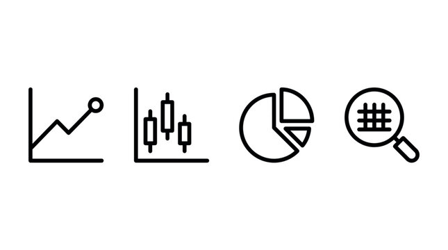 A collection of financial data analysis icons featuring line graph, candlestick chart, pie chart, and magnifying glass over grid. Minimalist vector style for finance and business UI.