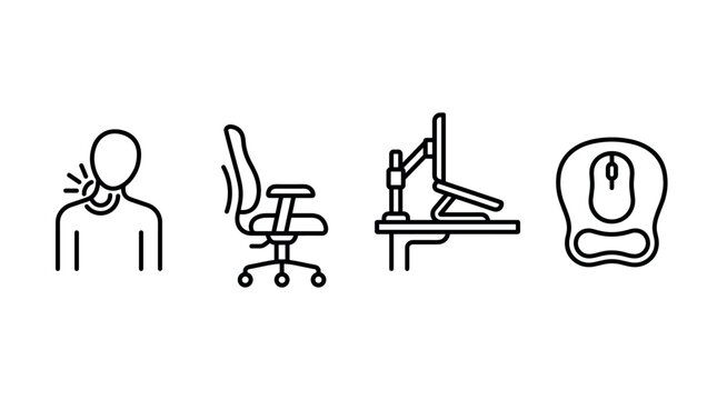 Set of vector icons depicting office ergonomics including neck pain, ergonomic chair, adjustable computer monitor mount, and wrist rest mouse pad for healthy workstation setup.