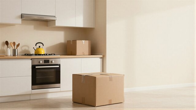 Modern kitchen with cardboard boxes, suggesting new arrival or move-in.