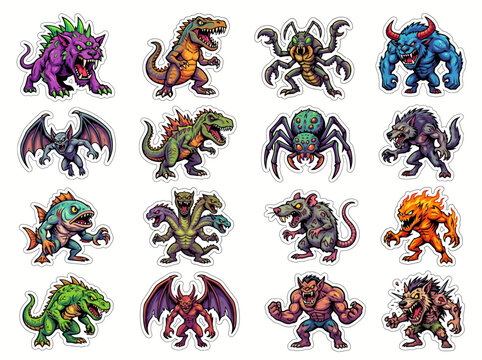 Large collection of colorful fantasy monster stickers