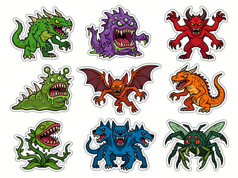Fantasy monsters and mythical creature sticker set