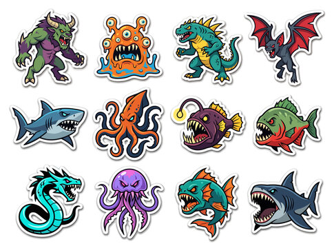 Sticker set of cartoon sea and land monsters
