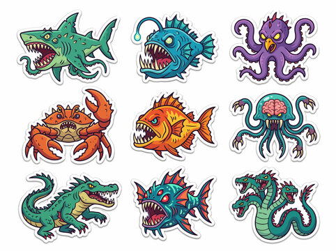 Fantasy sea creatures and monster stickers collection